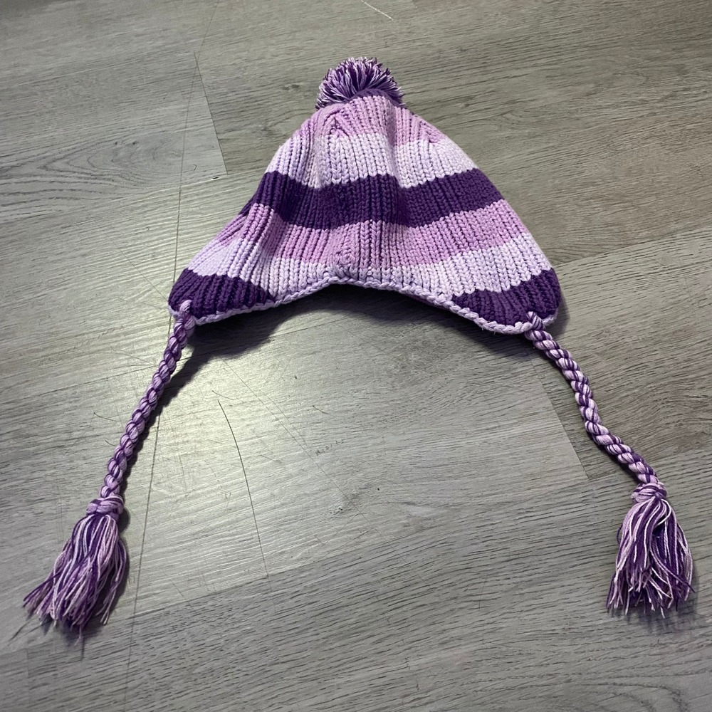 The Childrens Place Beanie Scarf Set Kids 4-6 Purple Excellent Striped Fleece